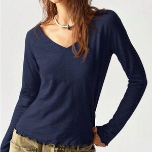Navy Blue V-Neck Long Sleeve Top